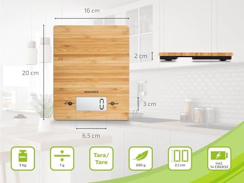 Soehnle Bamboo Kitchen Digital Food Scale, Natural Hygenic Bamboo Easy to Clean, Baking Scale size 20 x 16 cm, Scales for food with Useful Add and Weigh Function, Patented Sensor Touch Technology