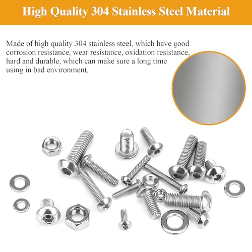 815 Pieces M3 M4 M5 M6 Button Head Socket Cap Screws Nuts Washers Assortment Kit, Metric Screw Assortment with Hex Wrenches, 304 Stainless Steel, Fully Threaded M3M4M5M6 (815 Pieces)