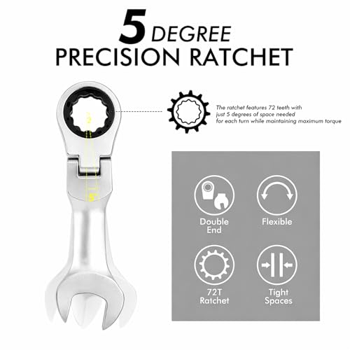 Stubby Wrenches Set, Flex Head Ratcheting Wrench Set Open End Ratchet Wrench Metric 8 Pieces(Metric)