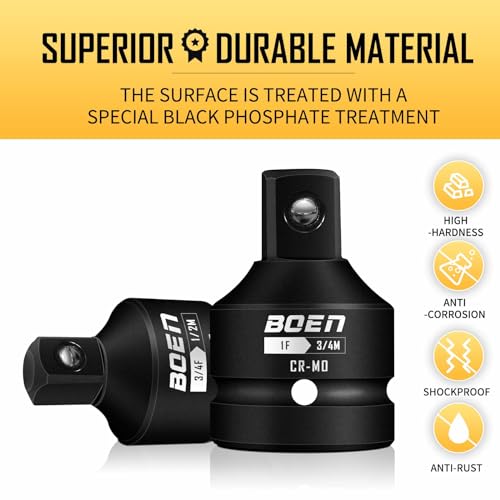 BOEN 10-Piece Impact Socket Adapter and Reducer Set, Standard SAE 1/4" 3/8" 1/2" 3/4", CR-MO Steel Driver & Wrench Conversion Kit Socket Reducer with 3/8" & 1/2" Universal Joint 10 Piece
