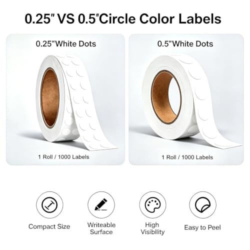 1/2" & 1/4" White Dot Stickers Round Color Coding Circle Dots Stickers
