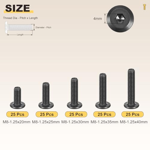METALLIXITY Flat Head Hex Socket Cap Screw M8-1.25x20/25/30/35/40 25Pcs Black M8-1.25x20/25/30/35/40mm 25