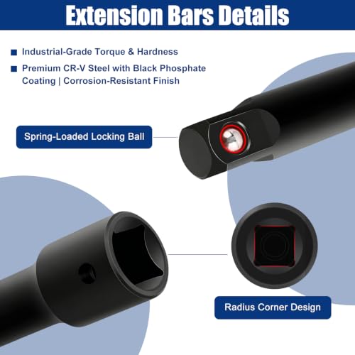 1/2" Drive Impact Socket Extension Set, 5-Piece Includes 5", 10", 15" Extension Bars, Universal Joint Socket and 1/2" to 3/8" Adapter, Black Phosphate Finish, Chrome Vanadium Steel 1/2" Drive - 5-Piece Extension Bar
