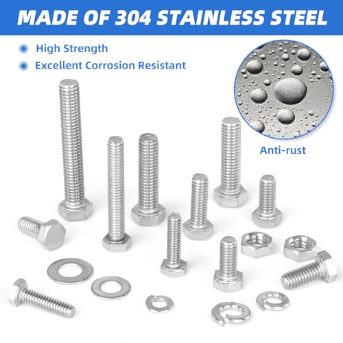 Besitu 252Pcs Hex Bolts and Nuts Assortment Kit, 1/4-20, 5/16-18, 3/8-16 Assorted Bolts Nuts and Washers Kit, 304 Stainless Steel Machine Screw Sets with Case Silver-SAE Stainless Steel Hex Bolts