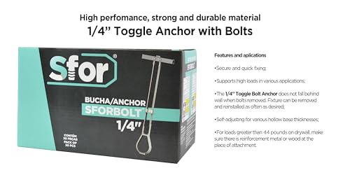 SFOR | 60 Pack 1/4" Toggle Bolt Anchor | Drywall Anchors, Drywall Screws, Wall Anchors and Screws for Drywall | Anchors with Phillips Self Tapping Screws | White, 30 anchors + 30 screws 30 Pack 1/4"
