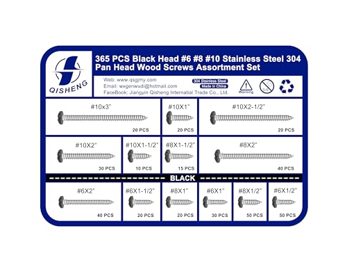 QISHENG 365 PCS #6#8#10 Black Painted Phillips Pan Head Wood Screws Assortment Set, Stainless Steel 304 Fastener Kit for Cabinetry & Woodworking #6#8#10 Set