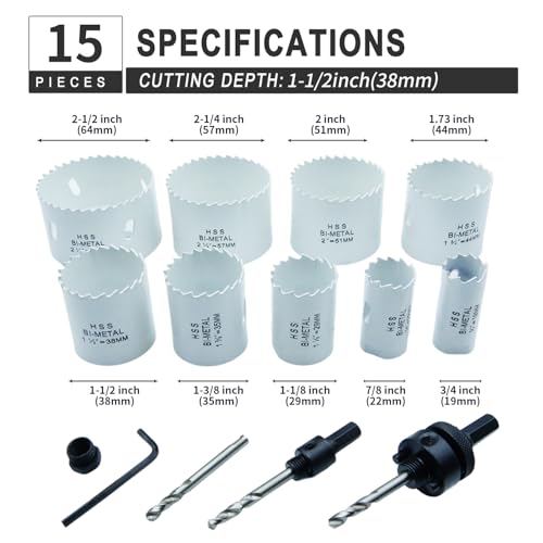 Hole Saw Set LAIWEI 15PCS Suitable for Quickly Cutting Thin Metal Sheets, Round Water Pipes, Wood, Plastic, Gypsum Board, and Other Materials(3/4" to2-1/2”)