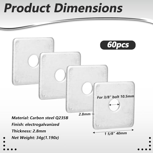 60 Pcs 3/8" Square Strut Washer Plates - 1-5/8" X 1-5/8" Electro-Galvanized Bearing Plates, 1/8" Thick - Fit 1-5/8inch Strut Channel 60