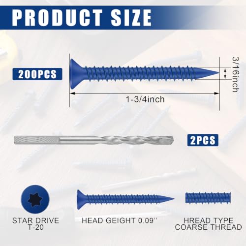 MorningRo 200 Qty 3/16" x 1-3/4" Star Head Concrete Screws Anchor with Drill Bits Blue Star Drive Bugle Head Screws for Anchor Masonry, Block, Brick, Cement, Stucco, Diamond Point and Wood Fastening 3/16" X 1-3/4"