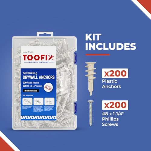 Self Drilling Drywall Anchor Kit - Wall Anchors With Screws for Drywall, Plastic Anchors, 400 Pieces 200 Pack