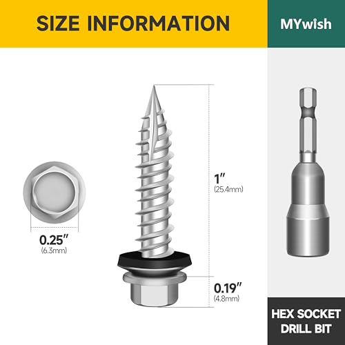 Mywish 30Pcs 1/4 x 1-3/4" Concrete Screws & Mywish 300Pcs #10 x 1 Hex Head Self Tapping Metal Roofing Screws with Rubber Washer, Zinc Plated Wood Screws