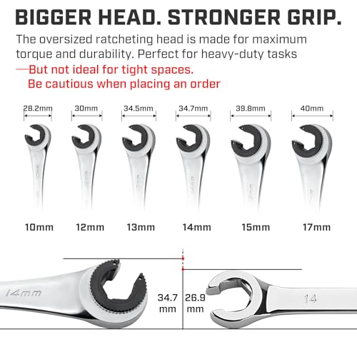 ironcube Brake Line Wrench Set: 6 Pcs Metric 10-17mm - Ratcheting Open-end for Nuts on Fuel, Brake or Air Conditioning Lines