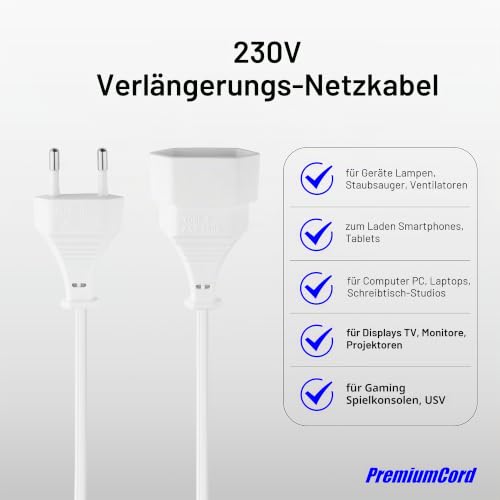 PremiumCord 230 V 2 m Extension Cable with Euro Plug and Euro Plug, Power Cable, Plug, White