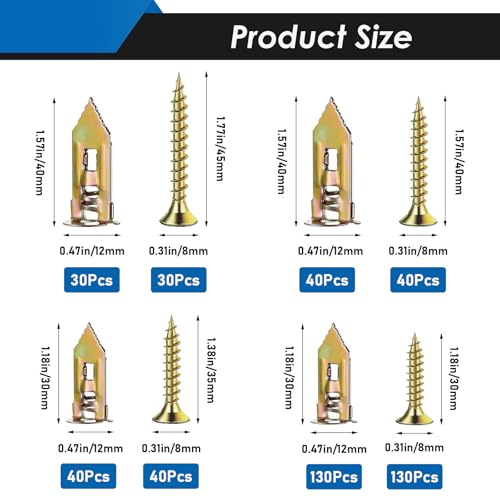480Pcs Self Drilling Drywall Anchors with Screws Kit, 2 Sizes Sheetrock Anchors & 4 Sizes Expansion Screws, Zinc Plated Steel Drywall Anchors No Drilling Required Holds Up to 66lbs 480Pcs - 6 Sizes-Gold