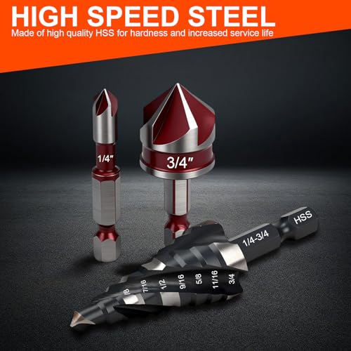 10Pcs Step Drill Bit & Countersink Set with Tool Box, HSS Four Spiral Flute