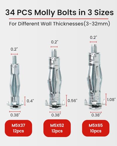 Molly Bolts for Drywall Plaster Walls (0.12"-1.28"), 34 PCS in 3 Sizes, Heavy Duty Hollow Wall Anchors with Setting Tool, Perfect for TVs, Curtain Rods, Mirrors, Towel Racks, Up to 55 lbs Red