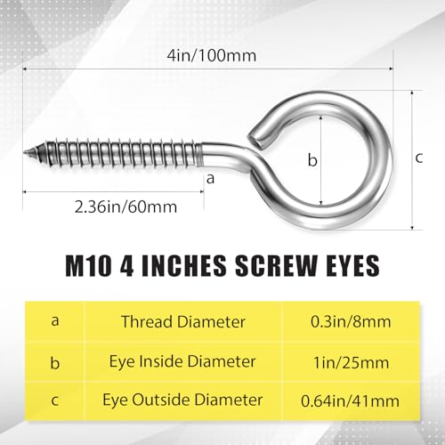 20 Pcs 4" 304 Heavy Duty Eye Hooks Screw, M8 Large Eye Screw Bolt