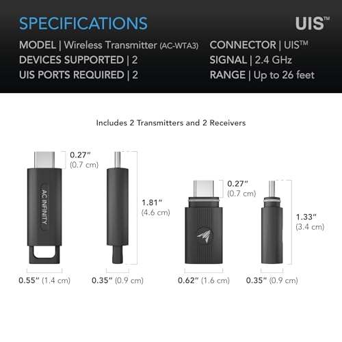 AC Infinity UIS Wireless 1:1 Transmitter and Receiver 2 Pack | Replaces wired connection cables, 26 feet maximum range, 2.4 GHz remote connection to UIS devices and controllers