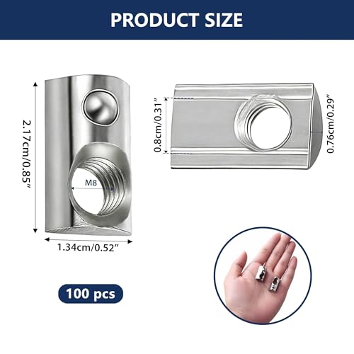 100 Pack M8 T Nuts for 4040 Series Aluminum Extrusion, Roll in Spring Loaded T Slot Nut, Carbon Steel Nickel Plated Hardware for 3D Printer, CNC Router & Industrial Frame 4040 Series M8