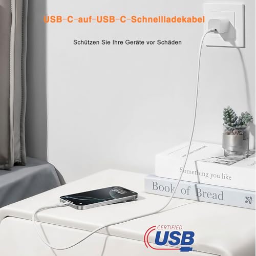 iPhone Charging Cable USB C to USB C Cable 1 m Fast Charging Cable for iPhone 17 Air/16 Pro Max/15 Plus/17E/16E, iPad Pro 10/11th, Google Pixel 9/8, Samsung Galaxy S23/S24, Mobile Phone Charging Cable White