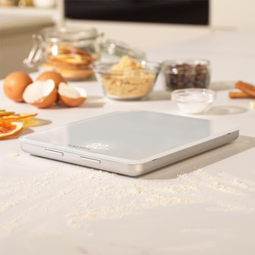 Salter 1180 WHDR Ghost Electronic Kitchen Scale- 5 KG Capacity Food Weighing Baking Scales, Hidden Until Lit Easy Read Digital Display, Large Slim Glass Platform, Add & Weigh, Measures Liquids, White Ghost White