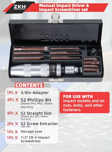 ZKH 3/8" Hand Impact Screwdriver, 1/2" Manual Reversible Impact Driver Includes 10-Piece S2 Steel Slotted, Phillips, Screw Extractor Bit Set for Removing Damaged, Frozen, Rusted Screws and Fasteners 3/8 & 1/2 Inch Driver
