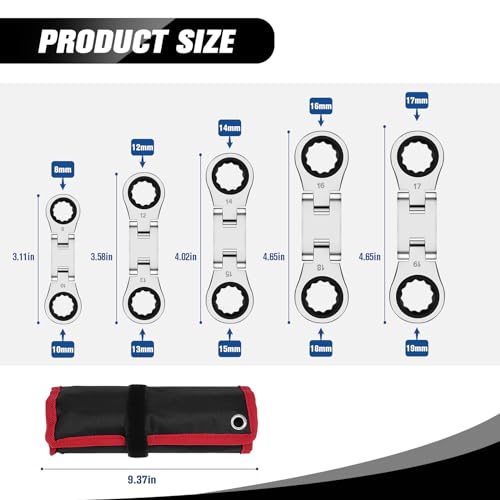 LOSCHEN 5-Piece Flex-Head Stubby Ratcheting Combination Wrench Set, Mini Wrench Set, Double Box End Flex-Head, Mini Spanner Set, Metric 8 10 12 13 14 15 16 17 18 19mm, 72-Teeth, CR-V Steel