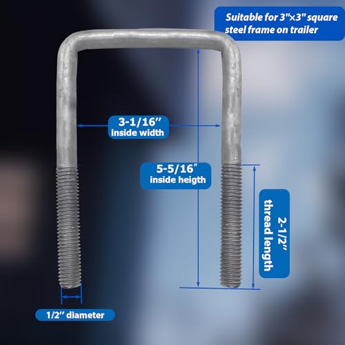 4 Pcs Hot Dipped Galvanized Square U-Bolts,1/2" D x 3 1/16" W x 5 5/16" L,Boat Trailer U-Bolts 3 inch Wide with Washers and Nuts for Boat Trailer,Automobiles,Industrial,Heavy Duty U Bolt 1/2" D x 3-1/16" W x 5-5/16"L