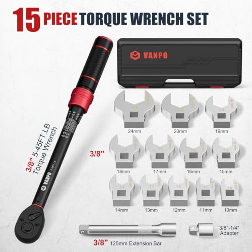 VANPO Crowfoot Wrench Set, 3/8" Drive for HVAC with 5-45Ft Torque Wrench Red
