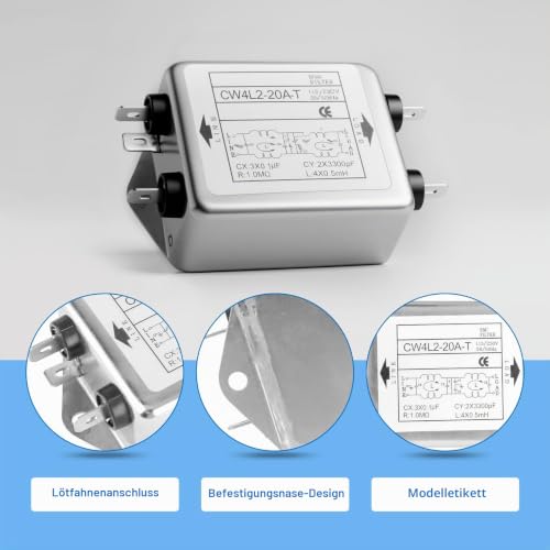 EMI Power Filter, 115V/250V 20A 50/60Hz CW4L2-20A-T Power EMI Filter Mains Filter, Interference Filter for Most Digital Devices, Dual Mode Suppression