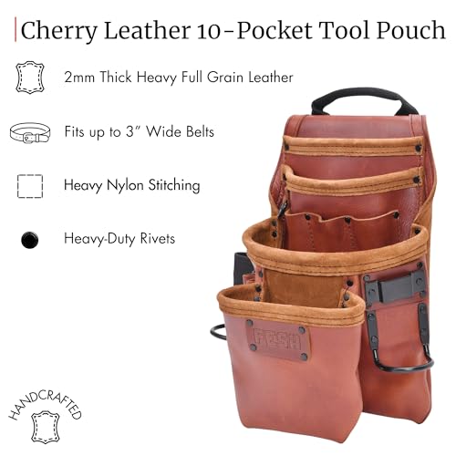 FESA Leather Carpenter Tool Pouch - 10-Pocket Heavy Top Grain Leather Carpenter Pouch with 2 Hammer Loops, Tape Clip, Large & Small Pockets - Fits Work Belts up to 3" - Handcrafted Cherry