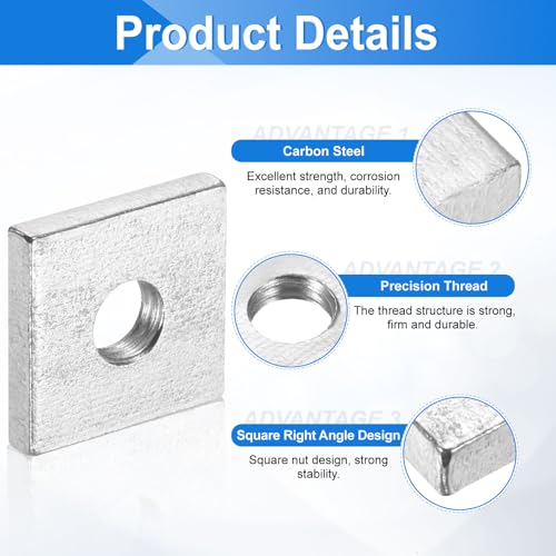 uxcell 200Pcs M6x16mmx3mm Square Nuts, Carbon Steel Zinc Plated Coarse Thread Square Nuts Fasteners for Home Repairs and Professional Engineering, Silver 200