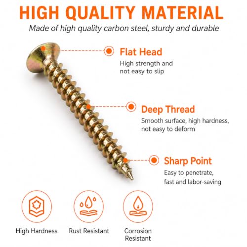 600PCS M4 Wood Screw Assortment Kit, Phillips Flat Head Self Tapping Wood Screws with Storage Box & Screwdriver Bit, 9 Sizes (M4 x 12/14/16/20/25/30/35/40/50mm) for Woodworking, Furniture Repair & DIY YELLOW 600