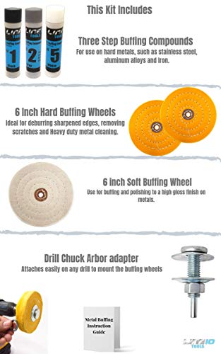 LINE10 Tools 6-Inch Buffing Polishing Wheel Kit for Bench Grinder and Drill, 3-Step Metal Buff Compound, Aluminum, Chrome, Stainless Steel Buffer Drill Adapter Auto Rim Trim Golf Club Restoration