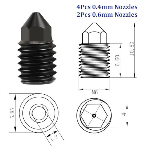 Pack of 6 hardened steel nozzle for Bambulab X1/X1C/X1E/P1P/P1S, 4 pieces 0.4 mm, 6 pieces 0.6 mm hardened steel extruder hotend nozzles for Bambu Lab X1/X1C/X1E/P1P/P1S 3D printers