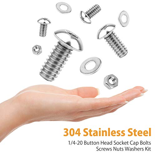 VIGRUE 300pcs 1/4-20 Hex Button Head Cap Screw, 304 Stainless Steel UNC Hexagon Bolts Flat Washers Nuts Assortment Kit Machine Screws Set, 8 Sizes (Length from 3/8" to 2") 300pcs 1/4-20 Button Head