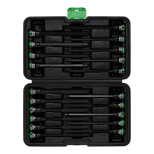 TecoTek 3/8" Drive Long Impact Hex Bit Socket Set, Allen Bit Sockets, 20PCS Allen Wrench Socket, SAE (1/8"-7/16”) and Metric (3MM-12MM), 6" Long CR-V & S2 Alloy Steel Hex Key Set