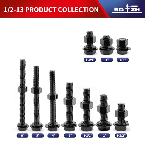 1/2-13 x 6 Hex Head Screw Bolt, Nuts, Flat & Lock Washers, 10Pcs 18-8 (304) Stainless Steel, Fully Threaded, Black Oxide by SG TZH 10 1/2-13 x 6"