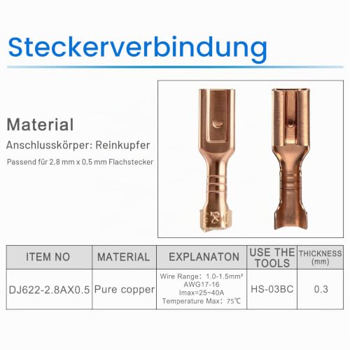 Heschen 2.8mm Flat Splice Crimp Terminals 100pcs Non Insulated 0.5mm² to 0.8mm² Cable