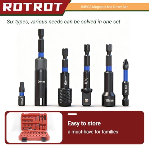 54-Piece Magnetic Nut Driver Set, Impact Drill Driver Bit 1/4", Metric & SAE Nut Drivers for Impact Drill, Socket Adapters, Screwdriver Bit, Quick-Release Extension, Wing Nut Driver, Storage Box 54-Piece Magnetic Nut Driver Set