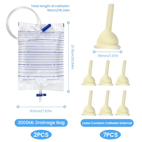 7 Pieces Urinal Condom for Men (35 mm) + 2 Urine Bags 2000 ml Catheter Bag Urine Bag Urine Bag for Incontinence with Valve and T-Outlet Safe Durable Clear Scale for Men with Limited Mobility