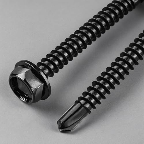 #10 x 3/4 Inch Self Drilling Screws, (493pcs) 3 lbs Black Self Tapping Screws for Metal, 410 Stainless Steel Hex Washer Head Sheet Metal Screw #10x3/4" Black 3lb Per Box