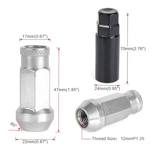 M12x1.5 Bulge Acorn Open End Wheel Nuts - 20 PCS, Silver Set with 1 Lug Nut Key for Toyota, Honda, Ford, Chevrolet, Mitsubishi, Mazda, KIA, Hyundai, Buick Sliver M12×1.5