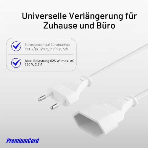 PremiumCord 230 V 2 m Extension Cable with Euro Plug and Euro Plug, Power Cable, Plug, White