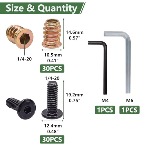 30 Sets 1/4-20 x 3/4" Furniture Screw Threaded Wood Inserts, Screw-in Nuts 1/4-20 x 19/32" Furniture Bolts + 260PCS M3 M4 M5 T Slot Nuts Screws Kit