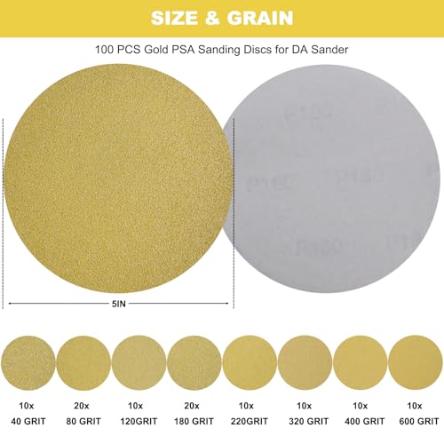 100 PCS 5 Inch PSA Sanding Discs -40, 80, 120, 180, 220, 320, 400, 600 Grit- 5" Self Adhesive Stickyback Sandpaper Discs for DA Sander, Sand Automotive Car Paint, Woodworking Wood, Metal