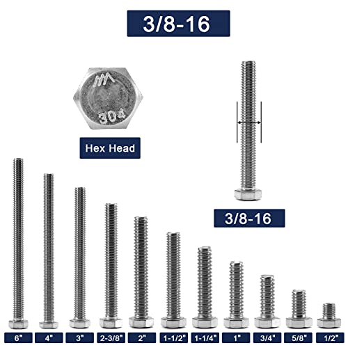 3/8-16 x 6 Hex Head Screw Bolt, 20Pcs 18-8 (304) Stainless Steel, Fully Threaded, Plain Finish, by SG TZH