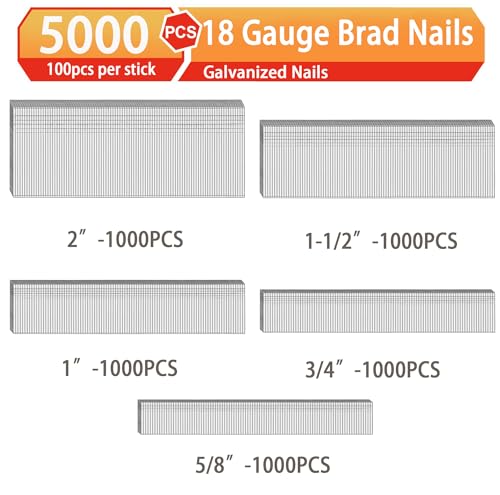 18 Gauge Brad Nails,Galvanized,2",1-1/2",1",3/4",5/8":5000pcs 5 Sizes(2",1-1/2",1",3/4",5/8")---5000pcs