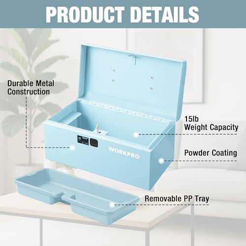 WORKPRO 10.8" Mini Metal Tool Box with Removable Tray Macaron Blue