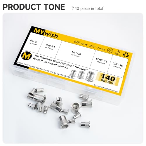 Mywish 120Pcs SAE 6#32 8#32 10#24 10#32 5/16-18 3/8-16 1/2-13 1/4-20 Hex Lock Nuts Sets & 140Pcs Rivet Nut Rivet Nuts Assortment Kit, #8-32#10-24 1/4"-20 5/16"-18 3/8"-16, 304 Stainless Steel
